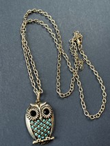 Long Silvertone Chain w Tiny Faux Turquoise Rhinestone Encrusted OWL Pendant Nec - £10.35 GBP