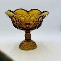 L.E. Smith Moon &amp; Stars Amber Art Glass Pedestal Candy Bowl Dish 7in x 8in - $70.13