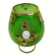 Bohemian Glass Large Cognac Glass Vase Green with Cameos Red Rhinestones - £25.06 GBP