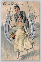 PFB Valentine Romance Man With Woman On Horseshoe Swing Embossed Postcard W26 - £11.73 GBP