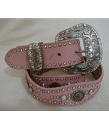 NOCONA Swarovski BELT Pink Silver Leather Crystal Distressed VTG Cowgirl XL - $130.63