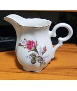 Vintage 3.5" White Porcelain Creamer Pitcher; Roses; Gold Rim - $8.90
