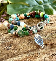 Women&#39;s Boho Beaded Coil Wrap Bracelet/Necklace Gemstone Beads Aqua Sea Glass - $27.22