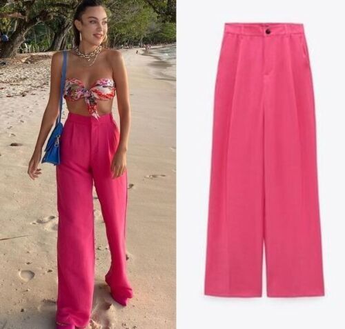 ZARA WIDE LEG PINK HI RISE TROUSERS PANTS - S - $64.99