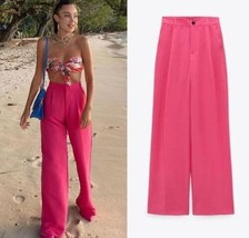 Zara Wide Leg Pink Hi Rise Trousers Pants - S - £51.95 GBP