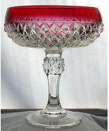 Indiana Glass Diamond Point Compote Ruby &amp; Crystal 7.25&quot; Tall Excellent - $15.00