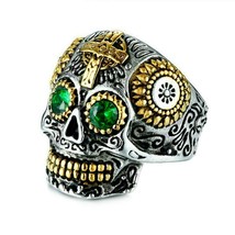 SUGAR SKULL RING Mexican Day of Dead Skeleton Head Green Eyes Stainless Steel - £10.32 GBP