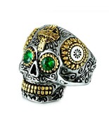 SUGAR SKULL RING Mexican Day of Dead Skeleton Head Green Eyes Stainless ... - £11.01 GBP