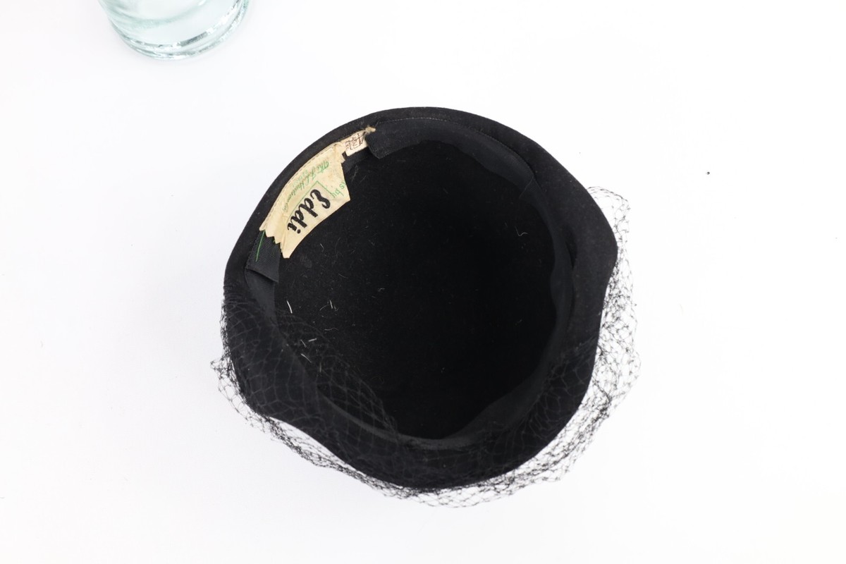 Vintage 50s Womens Felt Wool Fishnet Lace Cocktail Perch Hat Cap Black Item image 8