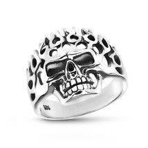 Vintage Punk Fiery Skull Head Gothic Sterling Silver Biker Band Ring-8 - £18.26 GBP