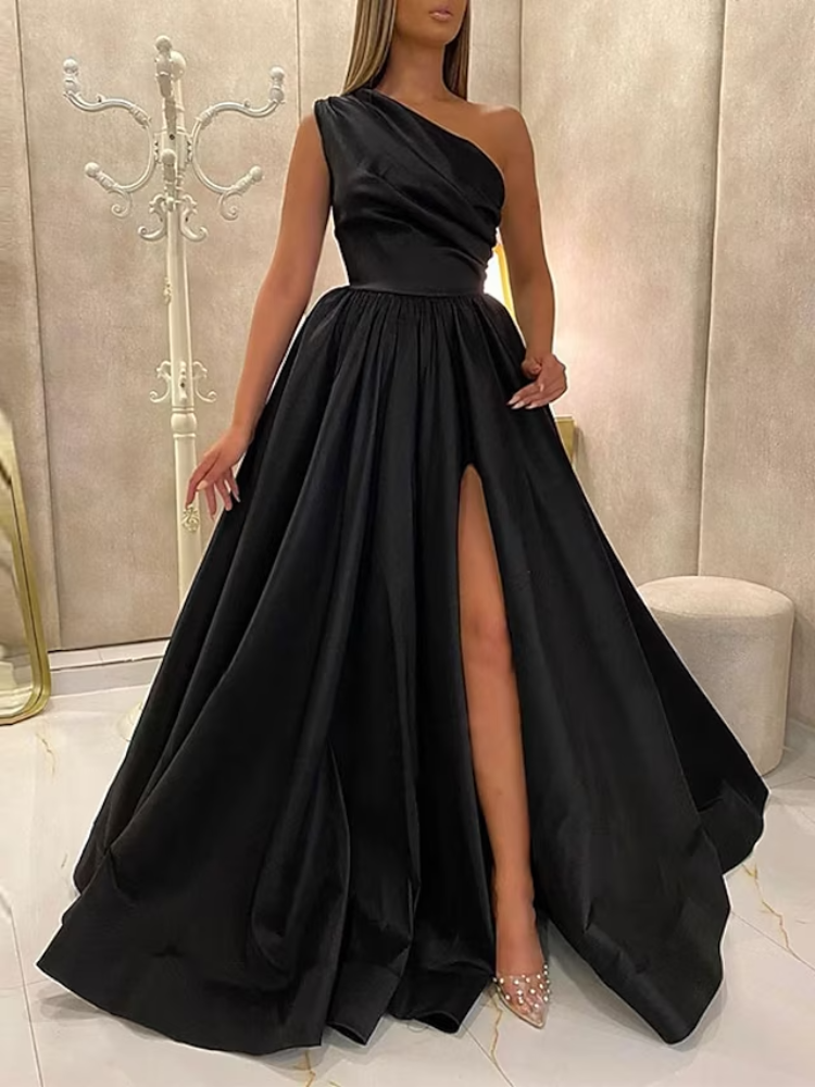 One-Shoulder Thigh-High Slit Dress  Modern Style Ankle Length White Dress  Elega
