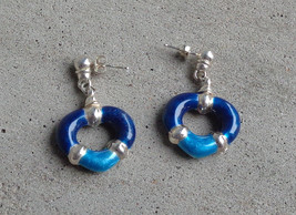Vtg Shiny Blue Enamel 925 Sterling Silver Open Heart Earrings Drop Dangl... - £32.84 GBP