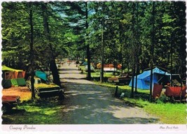 Postcard Camping Paradise Tents Roadway Woods Trees - $3.95