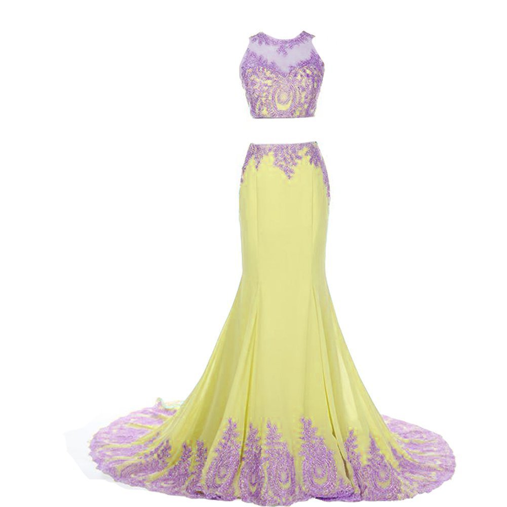 Kivary 2 Pieces Mermaid Gold Lace Sheer Crew Neck Formal Long Prom Evening Dress