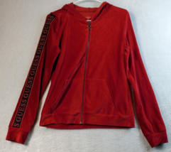 GUESS Hoodie Womens Small Red Velvet Polyester Pockets Long Sleeve Logo Full Zip - £14.19 GBP