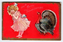 Thanksgiving Postcard Girl Pink Dress Turkey Vintage Greetings Series 6 Embossed - £8.33 GBP