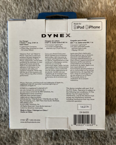 DYNEX Car Charger For iphone 5W/1 Amp output. Coiled Cable Stretched To 6 ft.New Item image 2