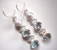 Faceted Blue Topaz and Cultured Pearl 925 Sterling Silver Triple-Gem Earrings - £23.84 GBP