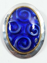  Silver color metal Large oval Cobalt Blue Enameled Ceramic Pendant Slide  - £23.22 GBP
