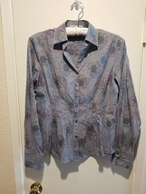 Foxcroft Wrinkle Free Shirt Womens 10 Fitted Floral Gray Blue Blk Purp L... - $17.77
