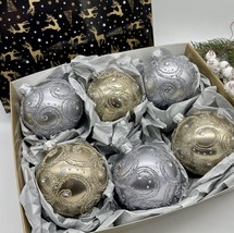 Set of gold and silver Christmas glass balls, hand painted ornaments with box - £42.85 GBP