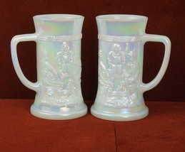 Lot of 2 Iridescent White Milkglass Federal Glass Beer Stein Mug Embosse... - $35.12