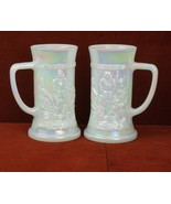Lot of 2 Iridescent White Milkglass Federal Glass Beer Stein Mug Embossed Scene  - $35.12