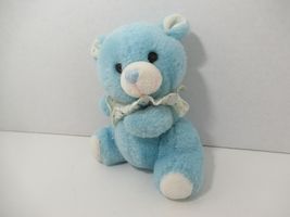 Russ Baby plush blue teddy bear rattle polka dot ears clown collar vintage - $25.98