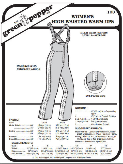 Women's High-Waisted Warm-Ups #103 Sewing Pattern (Pattern Only) - $6.00