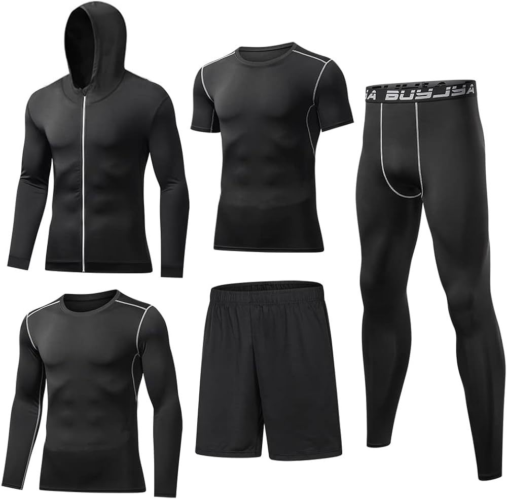 Primary image for Men'S Compression Pants, Shirt Top, Long Sleeve Jacket, Athletic, Buyjya 5Pcs.