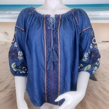 Embroidered Denim Peasant Top Womens S Off Shoulder Cowgirl Up 3/4 Sleev... - $331.79 MXN