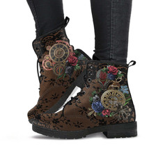 Combat Boots - Steampunk Inspired Design #13 with Black Lace Print | Brown Lace  - £70.57 GBP