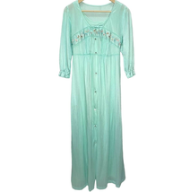 Vintage Texsheen Peignoir Nightgown Set Teal Blue Size M Shiny Long Floral 60/70 - £55.48 GBP
