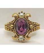 Vintage Avon Amethyst Purple Faux Pearl Gold Victorian Style Ring Size 6.5 Oval - $24.70