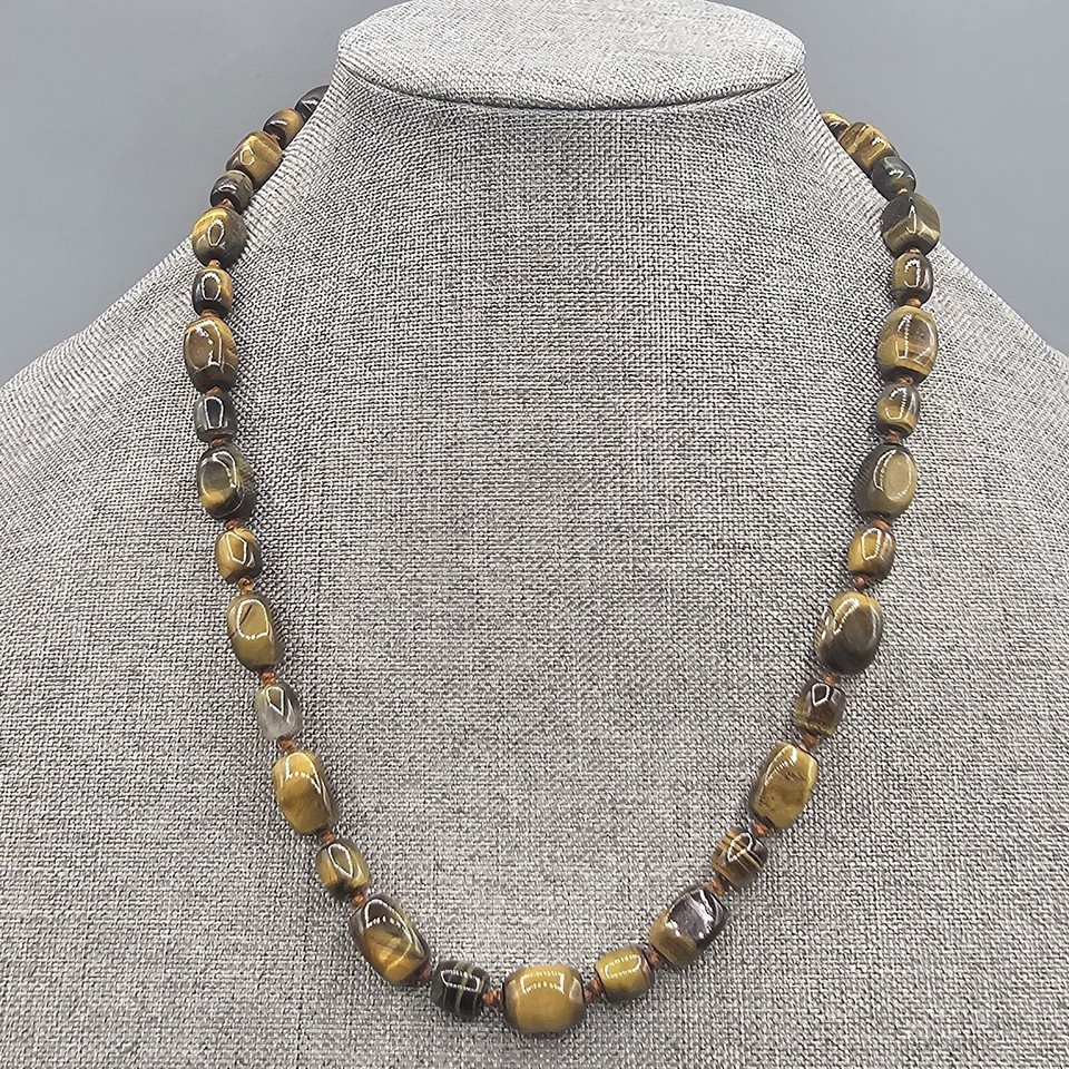 Vtg Tiger&#39;s Eye Necklace Block Bead Tumbled Polished 22&quot; - $29.99