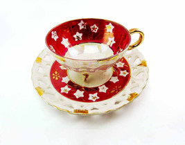 Maroon Red 3-Footed Cut Out Hearts Saucer Lusterware Tea Cup Set JAPAN Vintage 1 - £38.88 GBP