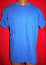 Vintage 80s FRUIT OF THE LOOM Blue Blank Selvedge Pocket Single Stitch T... - £27.12 GBP