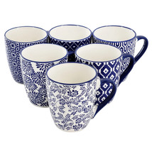 Elama Declan 6 Piece 12 Ounce Assorted Design Stoneware Mug Set in Blue ... - $51.43