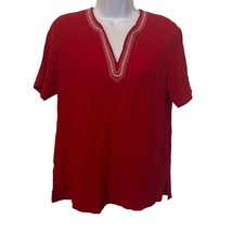 Cathy Daniels Women&#39;s Medium Red Embroidered VNeck Short Sleeve Shirt Blouse Top - £11.16 GBP