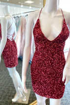 Glitter Red Sequin V Neck Short Homecoming Dresses Prom Dress - £108.33 GBP