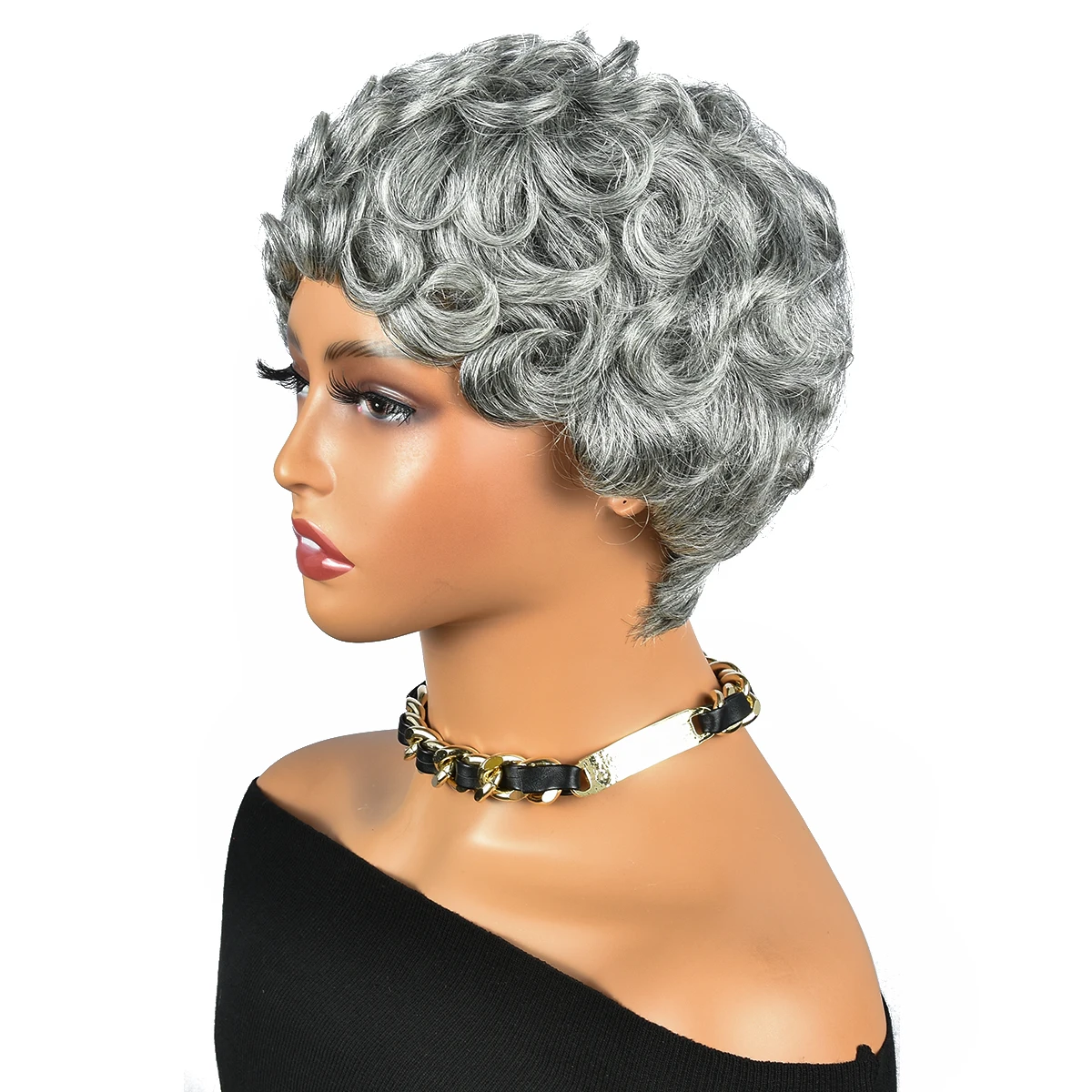 Curly Pixie Cut Wigs Gray Human Hair Wigs With Bangs Brazilian Color #51 Gr - £26.65 GBP+