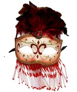 Beaded Veil Masquerade Mardi Gras Prom New Years Ball Mask White Red - $14.99