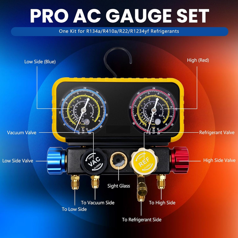 Automotive AC Gauges Set with Hoses,4 Way HVAC Manifold Gauge Set Compatible wit Item image 3