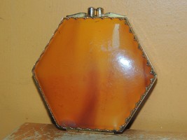 Vintage Compact 3.5&quot; Caramel Lucite Bakelite Catalin Art Deco beveled mirror - £35.40 GBP