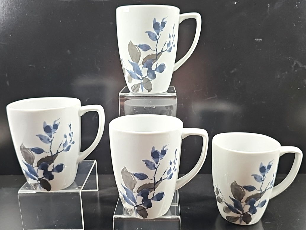 4 Corelle Kyoto Night Mugs Set Corning Coordinates Floral Leaves Coffee ... - $46.40