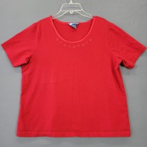 Koret Women Shirt Size L Red Stretch Retro Embroidered Round Neck Short Sleeves - £7.33 GBP