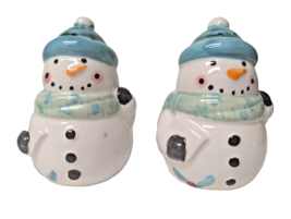 Snowman Blue Cap Salt Pepper Shakers Stoneware Holiday Kitchen 2pc 3 x 2... - $12.17
