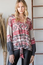 Women V neck Aztec Print Tie Knot Long Sleeve Sweater Tops Blouse - £27.97 GBP