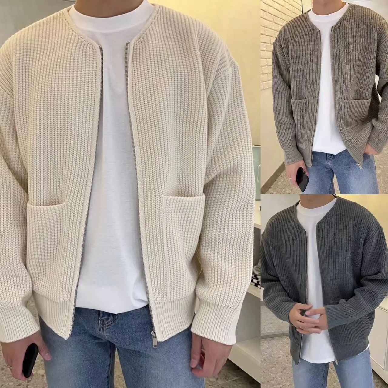 Men Zip Up Knitted Cardigan Lined Funnel Neck XXL Sweater Pockets Coat tshirt - $25.00