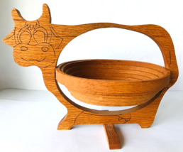 H Gerein Wood Collapsible Basket Fruit Bowl Cow Shape with Cute Face BC Canada - £19.01 GBP